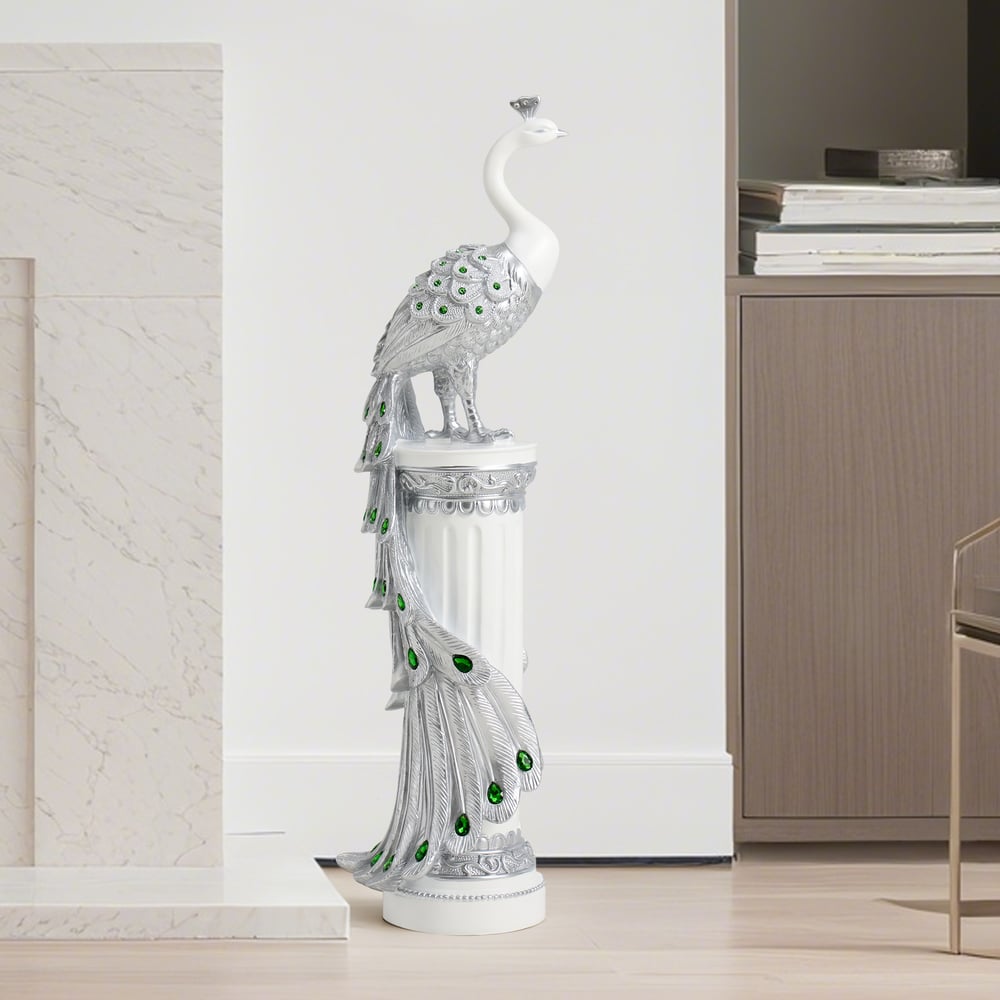 27.6" Srebrna Statua Pawia z Diamentowymi Akcentami – Luksusowa Rzeźba Pawia z Żywicy obraz okna