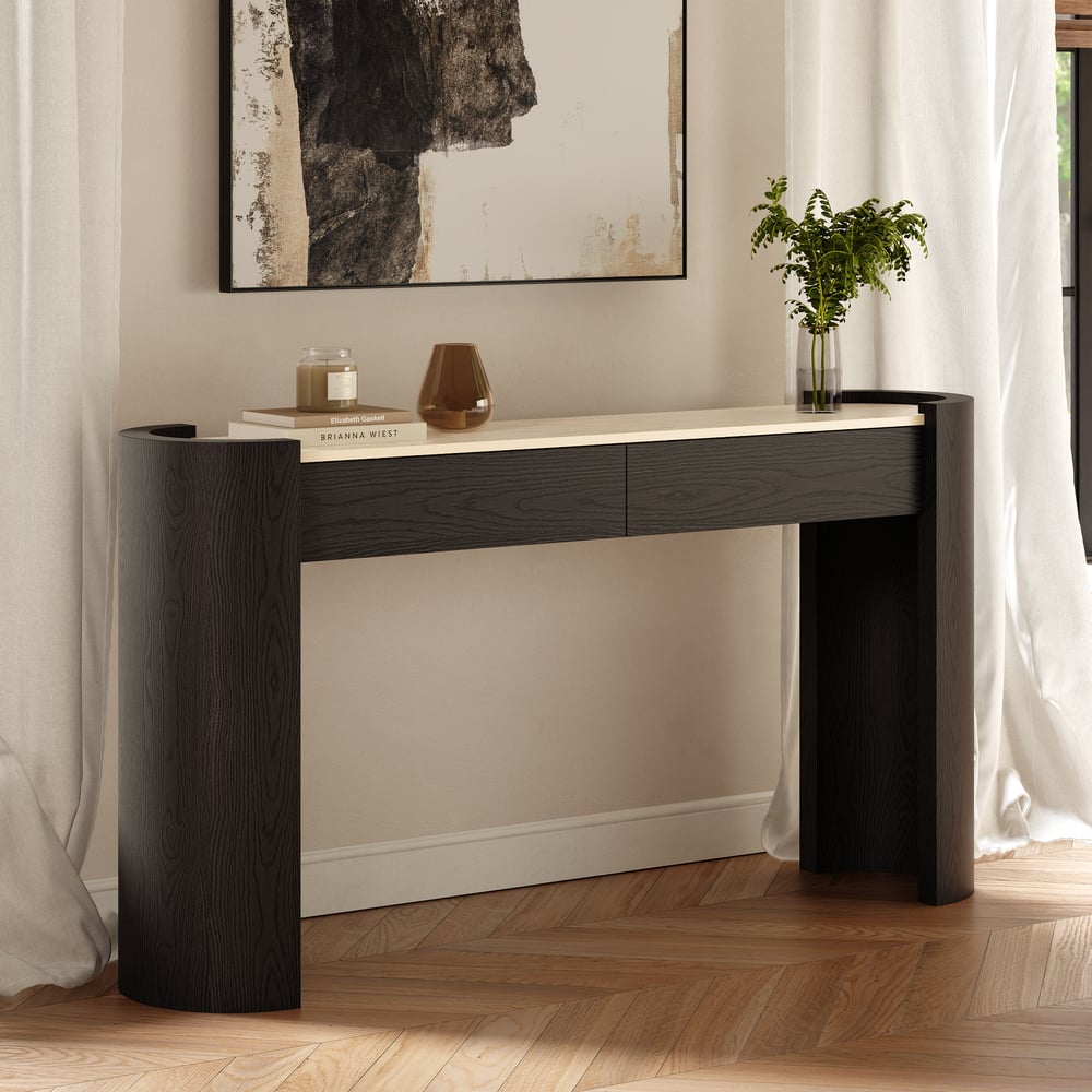 Console ovale Japandi de 60 pouces en pierre frittée avec 2 tiroirs image de fenêtre