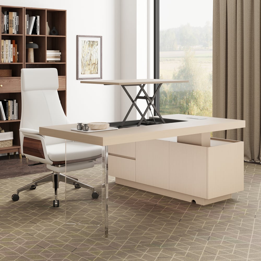 Modern 72" L-Shape Whitewash Standing Executive Desk with Lifter Desktop Left Hand window image
