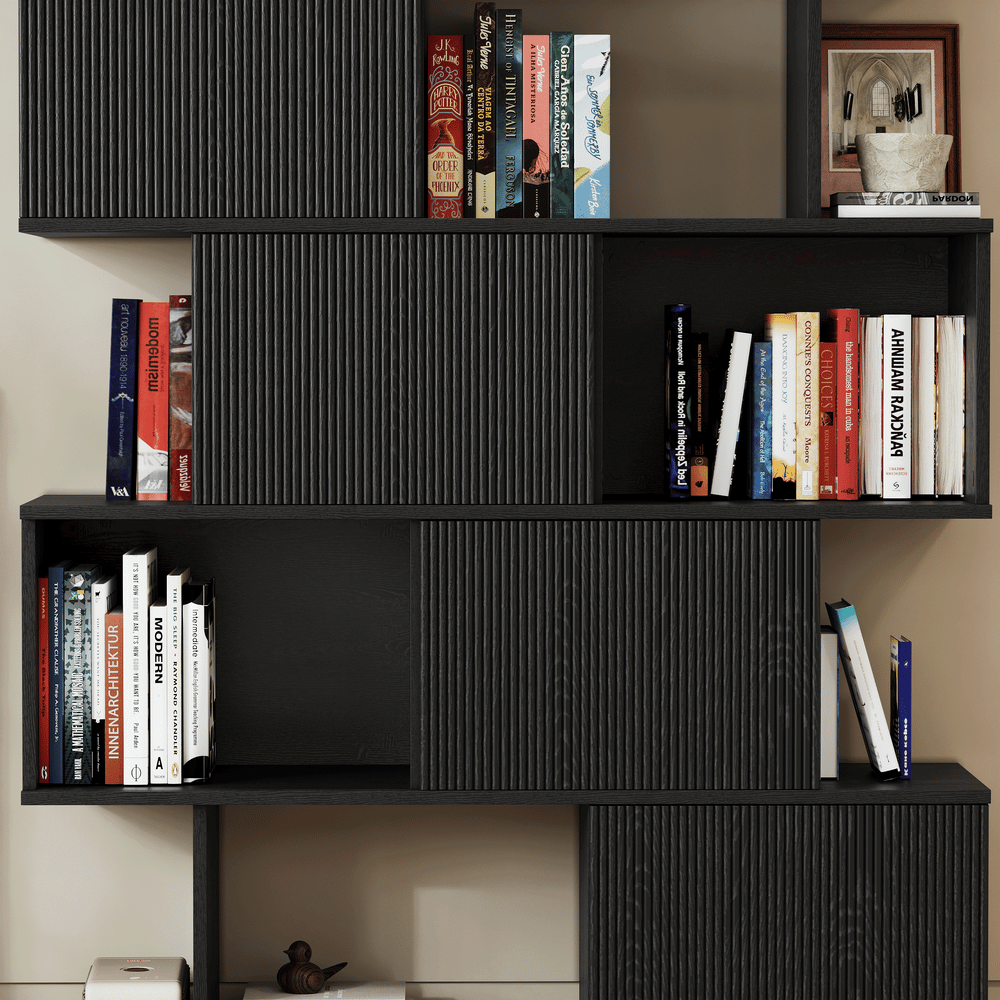 Modern 60" Black Standing Office Desk & Sliding Door Etagere Bookshelf window image