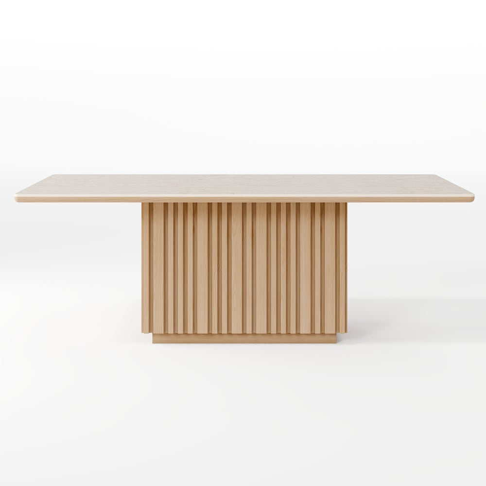 Table à manger rectangulaire Aura 214 cm en pierre frittée effet travertin, base cannelée, 8 places image de fenêtre