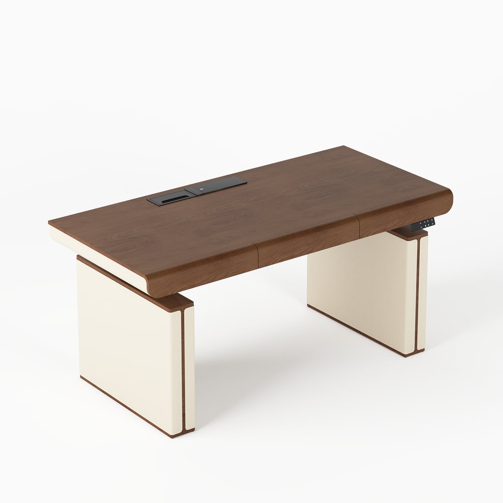 160 cm Height Adjustable Electric Standing Desk with Walnut Top and Leather-Wrapped Legs window image