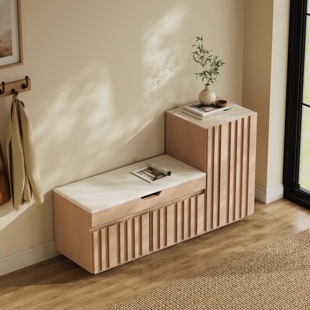 Aura 47” Wooden Shoe Storage Bench with Right-Side Cabinet for Entryway window image