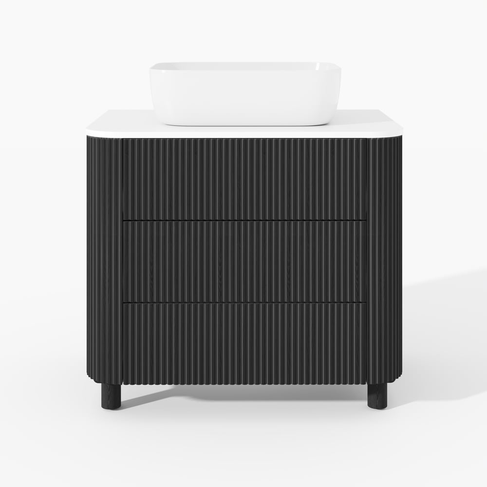 80cm Fluted Freestanding Bathroom Vanity with Vessel Sink, 3-Drawers, Sintered Stone top window image
