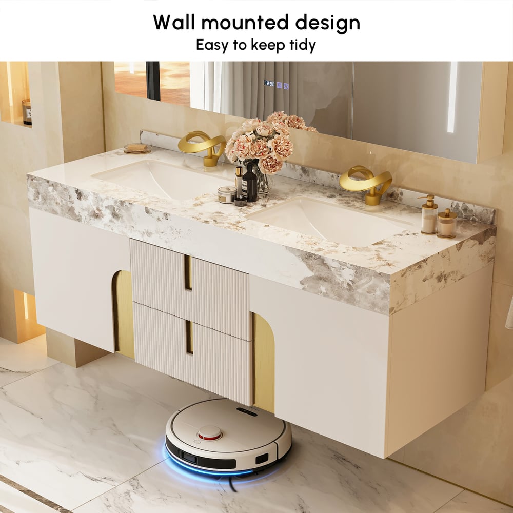 Artis 152 cm Meuble de salle de bain flottant double vasque avec plateau en pierre frittée image de fenêtre