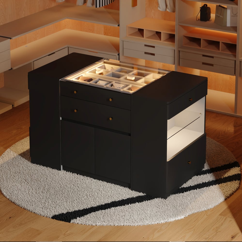 Selvo Saddle Leather Black Closet Island with Storage, Light and Jewelry Display window image
