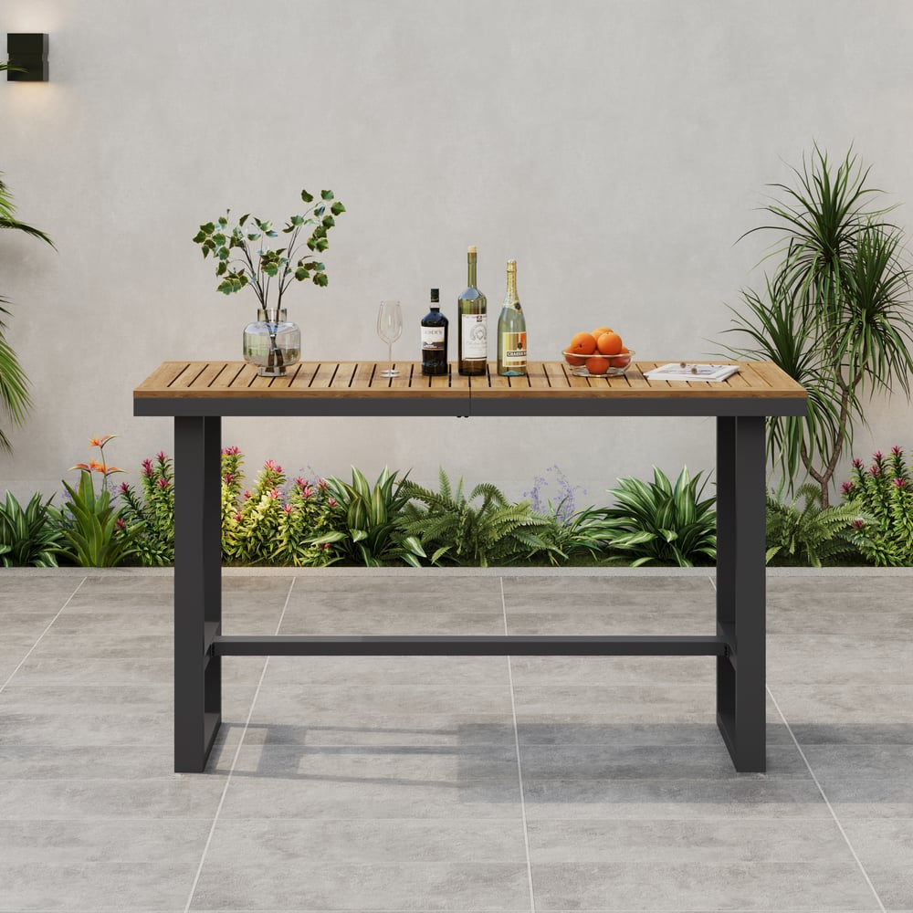 Tevara Outdoor Teak Wood Slat Top & Dark Grey Aluminium Frame Bar Table for Patio window image