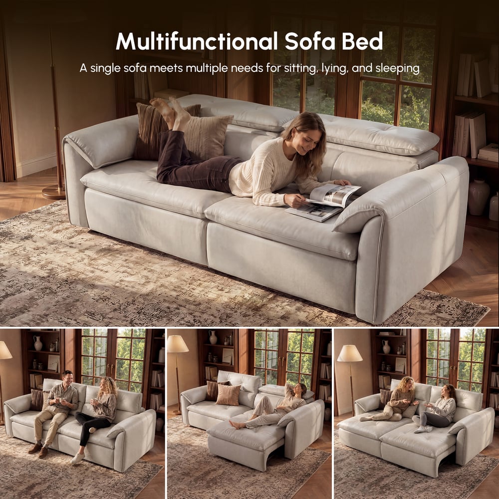 87" 2-Seater Genuine Leather Power Convertible Sleeper Sofa with Adjustable Headrests window image
