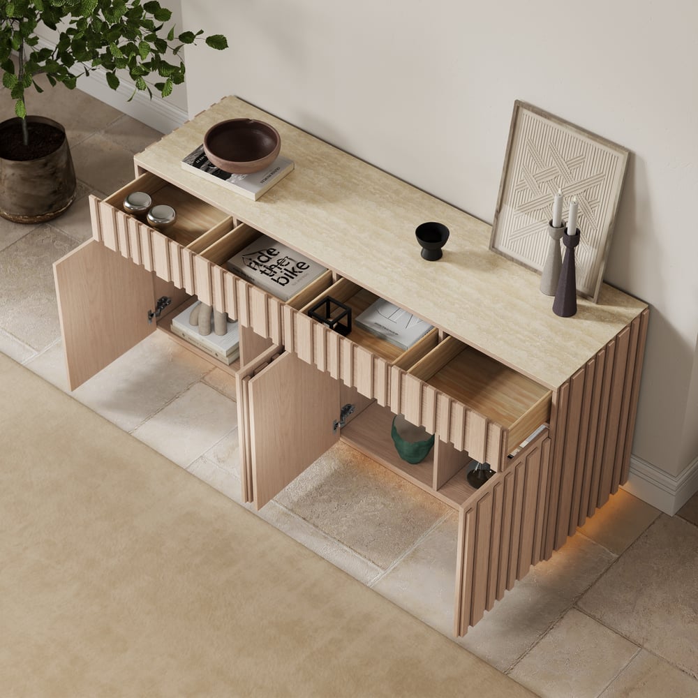 Aura 65" Ash Wood Slatted TV Stand with Sintered Stone Top window image