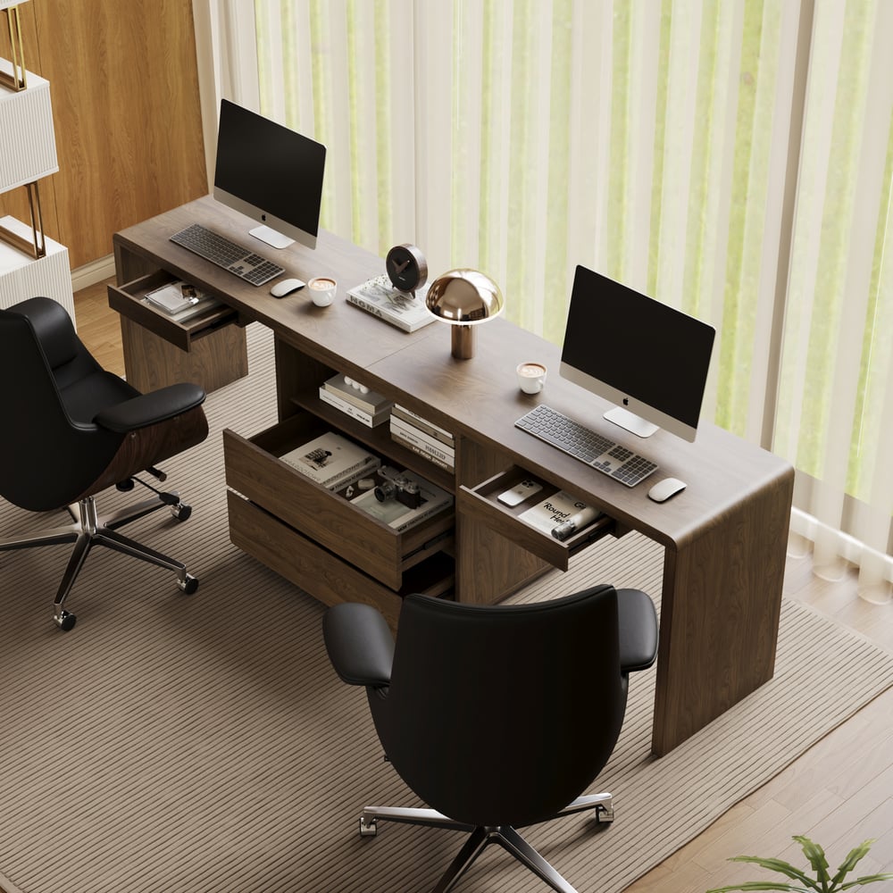 Modern 94" Rectangular Smoked Brown Double Desk with Drawers, Seats 2 window image