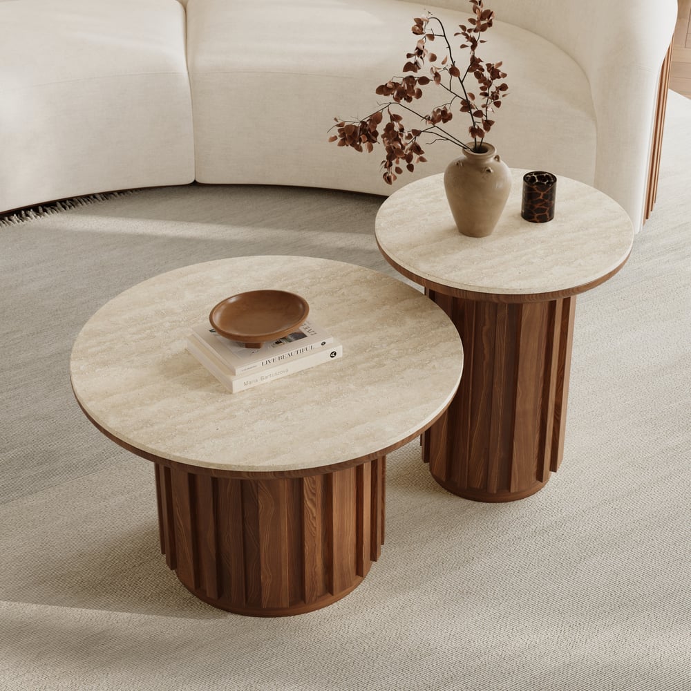Aura 2 Piece Set Ash Wood Slatted  Round Coffee Table with Sintered Stone Top(20" - 28") window image