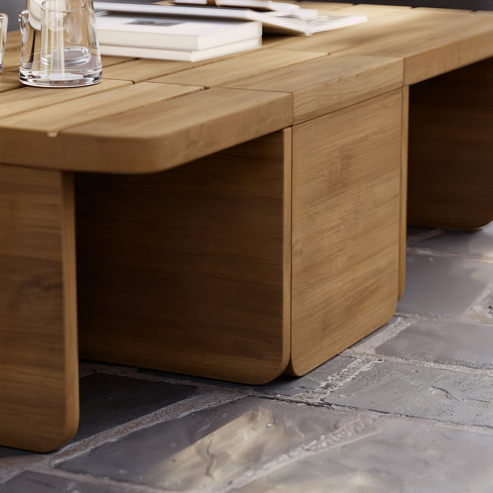 Ensemble de canapé modulaire d'extérieur 7 pièces Resaro en teck naturel avec dossier cannelé gris foncé image de fenêtre