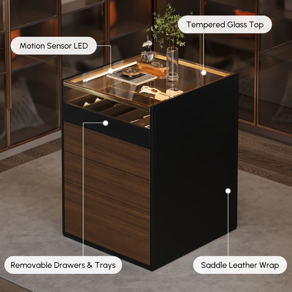 Saddle Leather 7-Dresser Walk-In Closet Island with Light & Jewelry Display window image