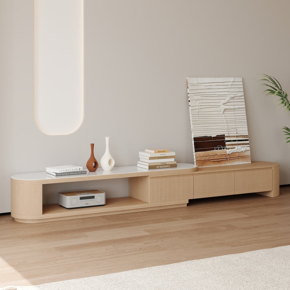 Velar 71"-114" Extendable Fluted TV Stand with Sintered Stone Top & 3 Drawers window image