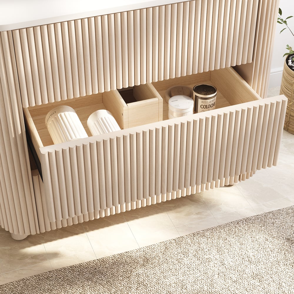 80cm Fluted Freestanding Bathroom Vanity with Vessel Sink, 3-Drawers, Sintered Stone top window image