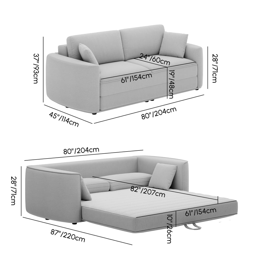 80" Queen 3-Seater Chenille Fold-Down Sleeper Sofa with Removable Cover weights dimensions image
