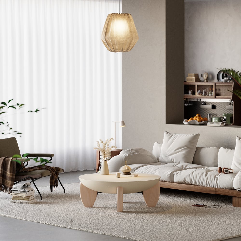 Mesa de Centro Curva Round de Betão e Nogueira com Pernas de Madeira Imagem da janela