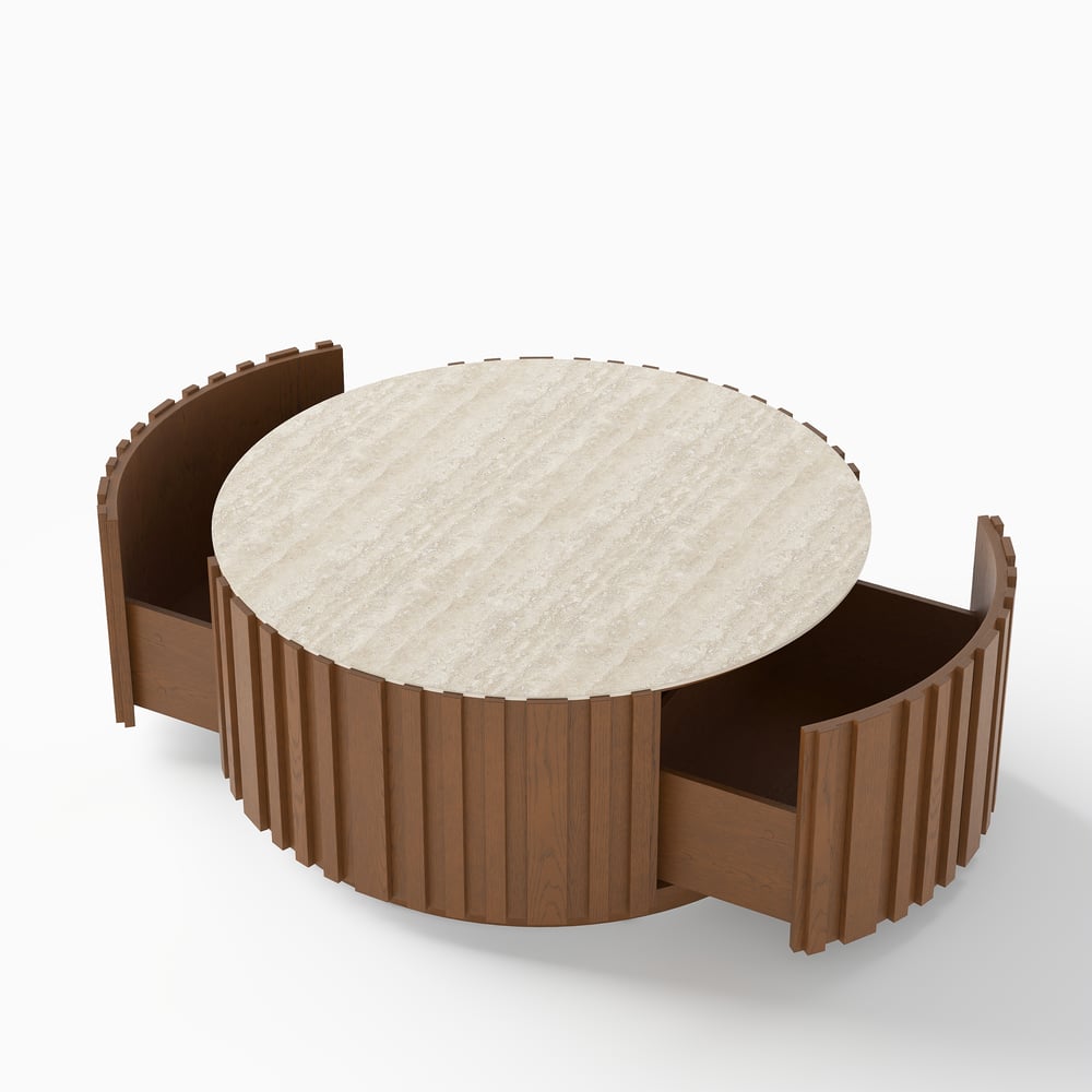 Aura 35" Ash Wood Slatted Round Coffee Table with Sintered Stone Top window image