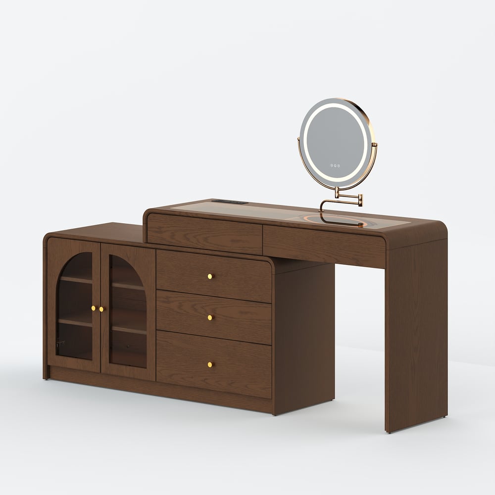 Mid Century Modern Extendable L-Shaped Makeup Vanity Dresser with LED Mirror(49"–91") window image