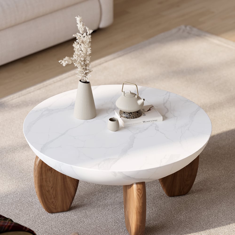 Curva 37" Round Concrete Walnut Coffee Table with Wood Legs window image