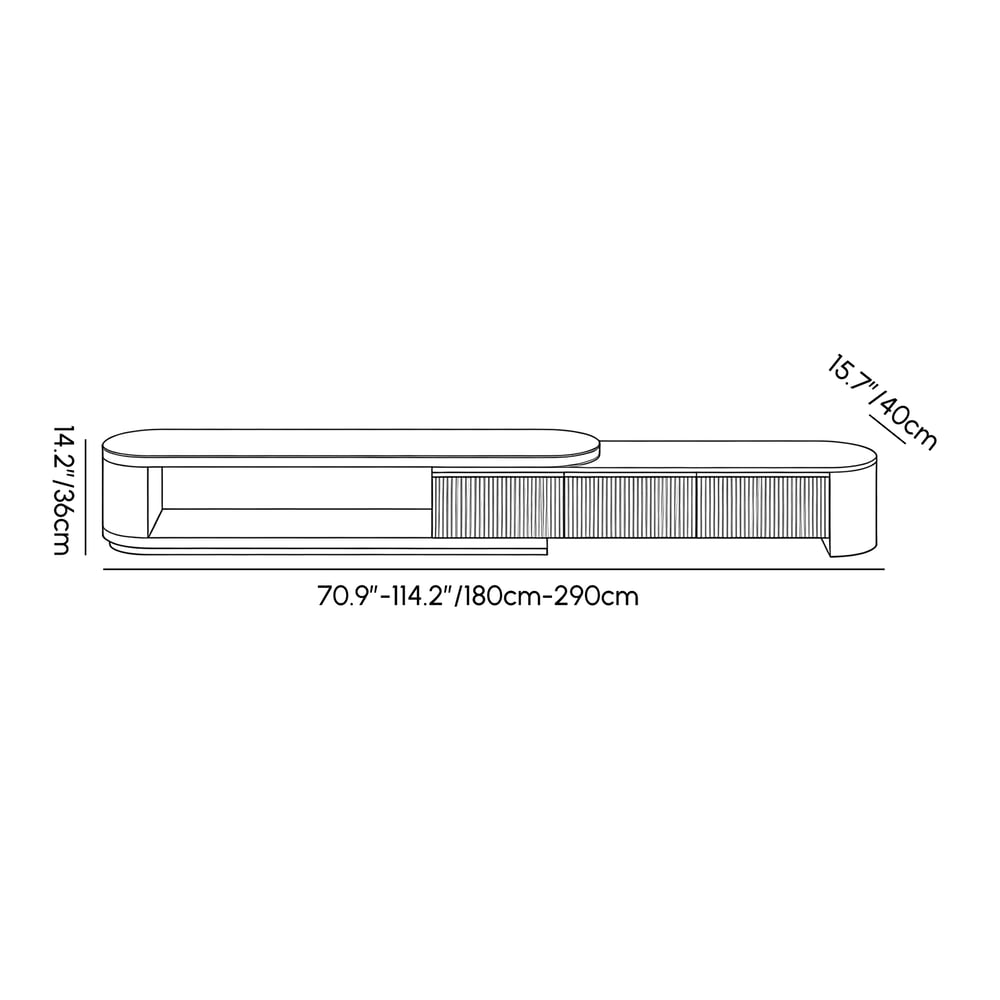 Rack de TV Extensível Velar 71"-114" com Tampo de Pedra Sinterizada e 3 Gavetas Imagem com pesos e dimensões