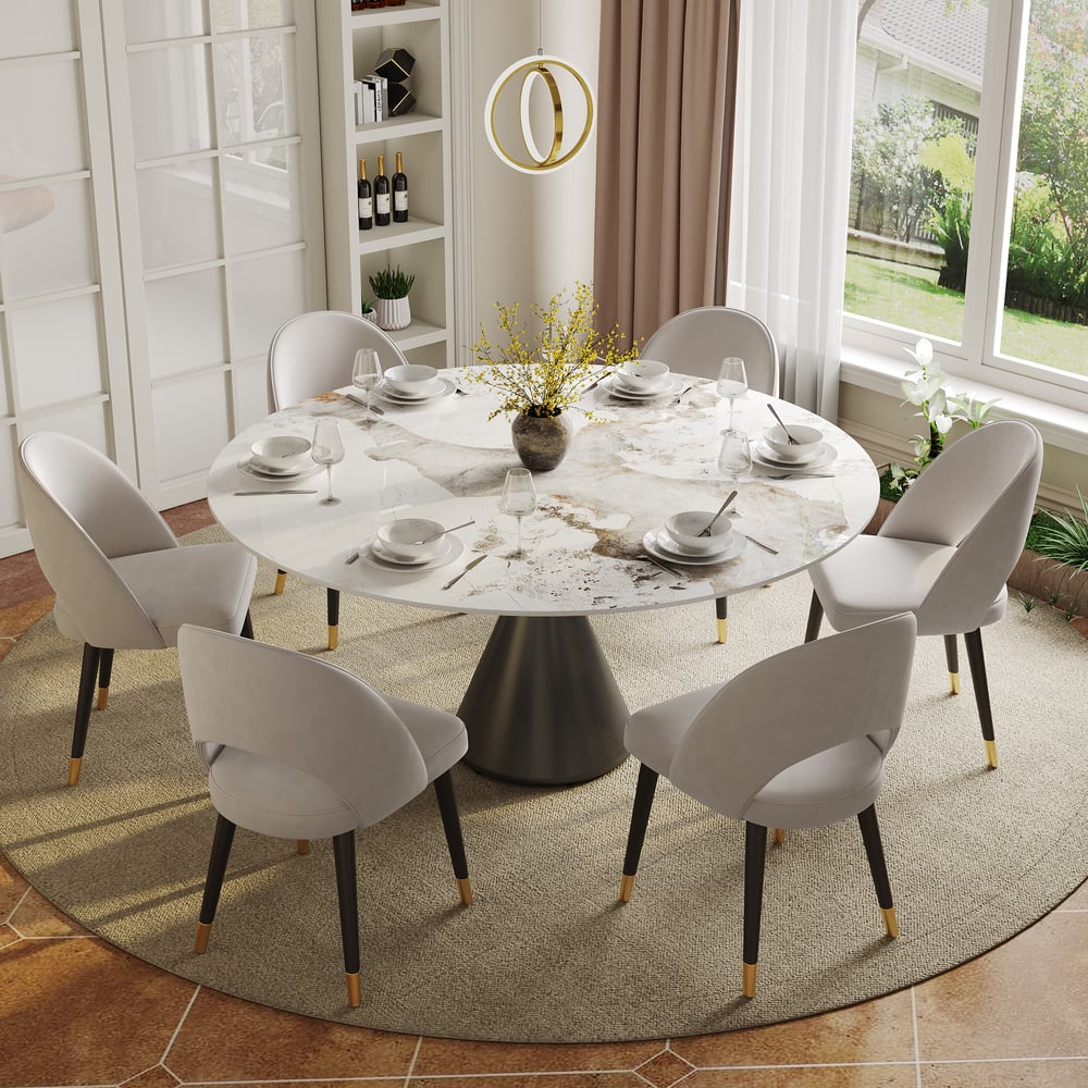 Modern 60" Round Glossy Sintered Stone Dining Table with Black Pedestal Base, Seats 6 window image