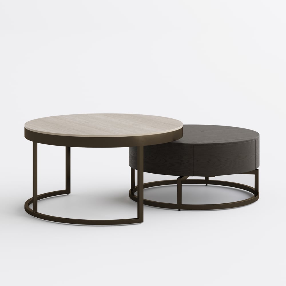 Ensemble de 2 tables basses gigognes rondes Nesnesis de 28" à 32" en noyer avec plateau en pierre frittée image de fenêtre