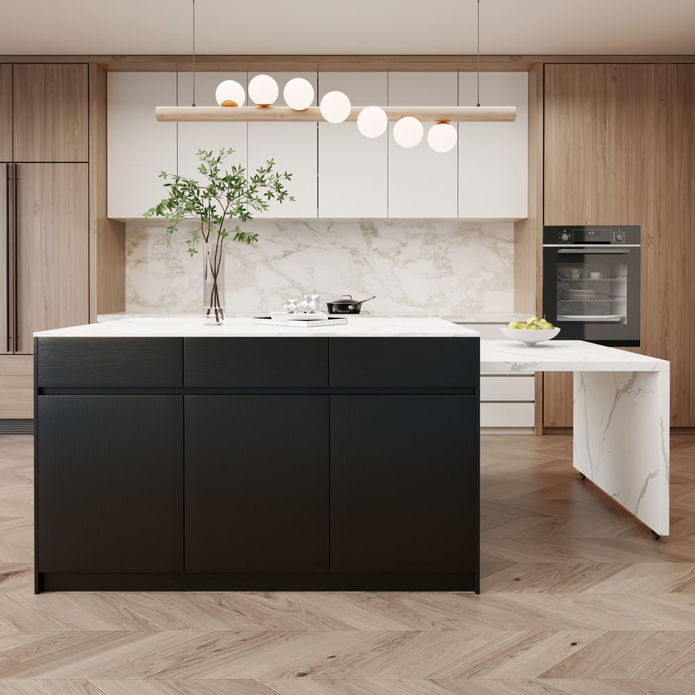 Isla de cocina de madera moderna extensible de 81''-112" con almacenamiento, blanco y negro Imagen de ventana