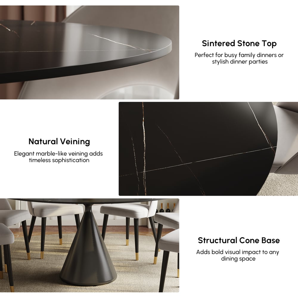 Modern 60" Round Matte Sintered Stone Dining Table with Black Pedestal Base, Seats 6 window image