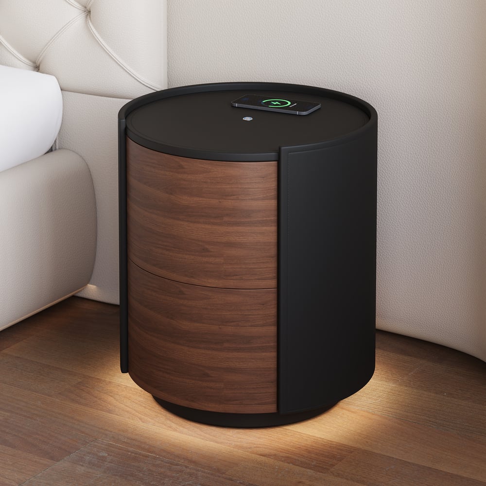 Modern Black Saddle Leather 2-Drawer Nightstand with Charging Station & Light window image
