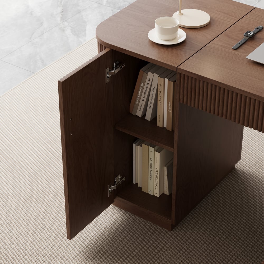Modern 60" L-Shape Walnut Executive Desk with Drawers & Cabinet Right Hand window image
