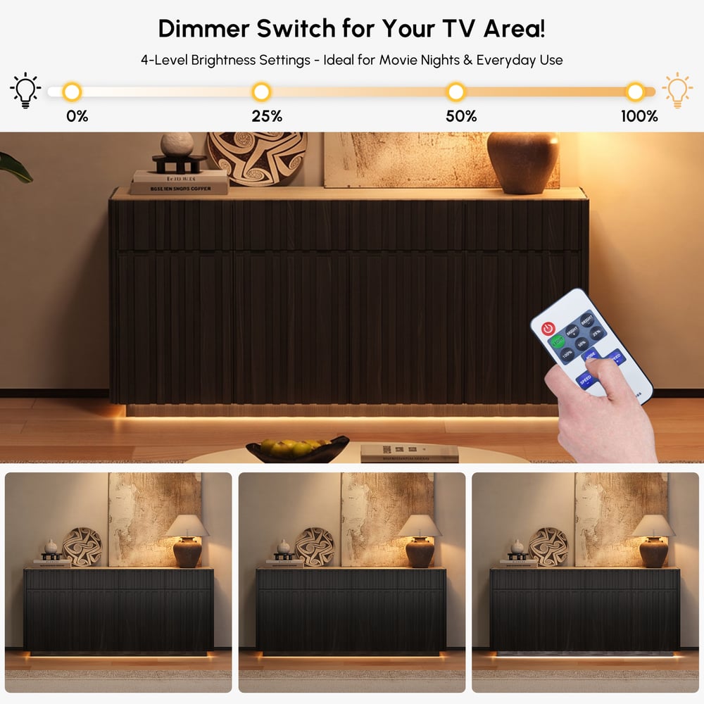 Aura 65" Ash Wood Slatted Black TV Stand with Sintered Stone Top window image