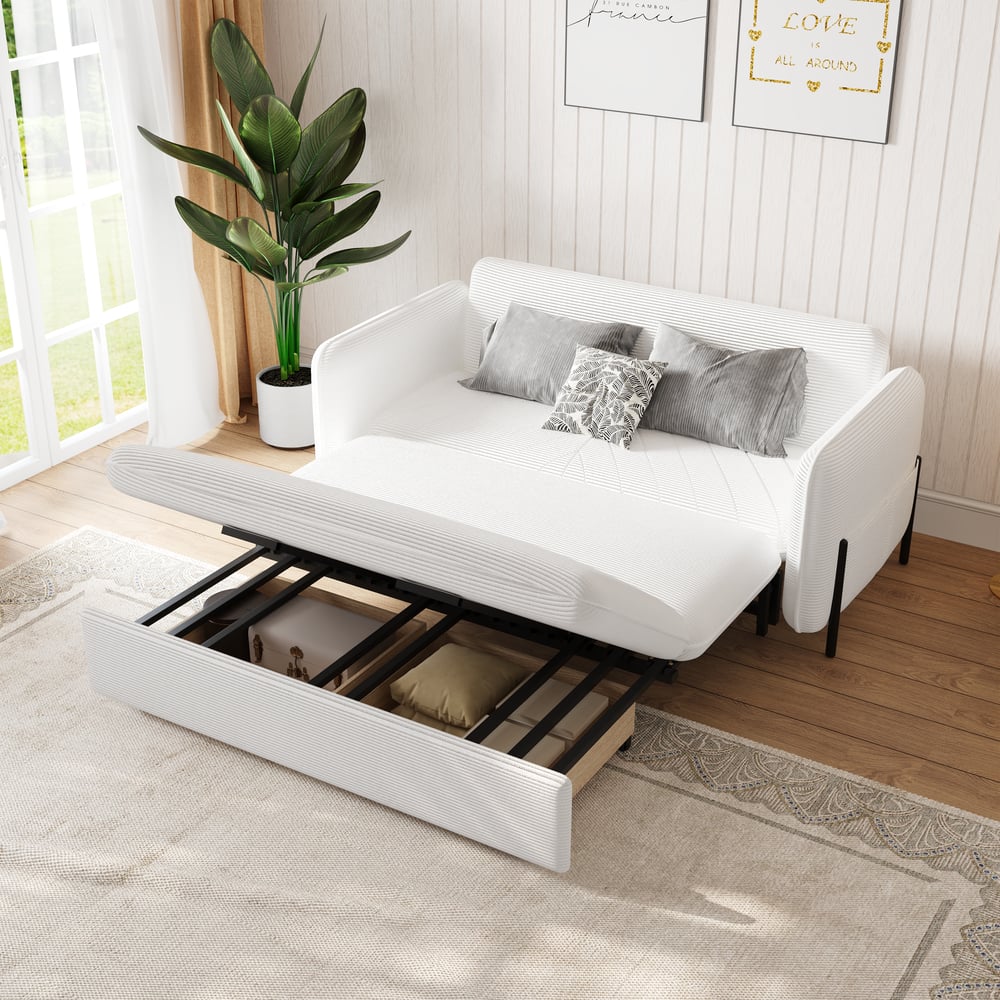 Canapé convertible lit 172 cm 2 places velours côtelé blanc avec rangement et coussins image de fenêtre