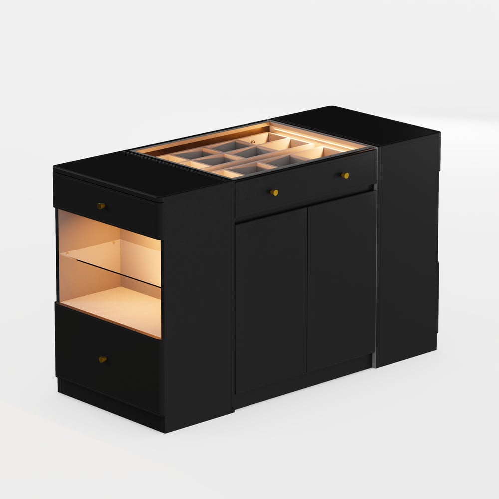 Selvo Saddle Leather Black Closet Island with Storage, Light and Jewelry Display window image