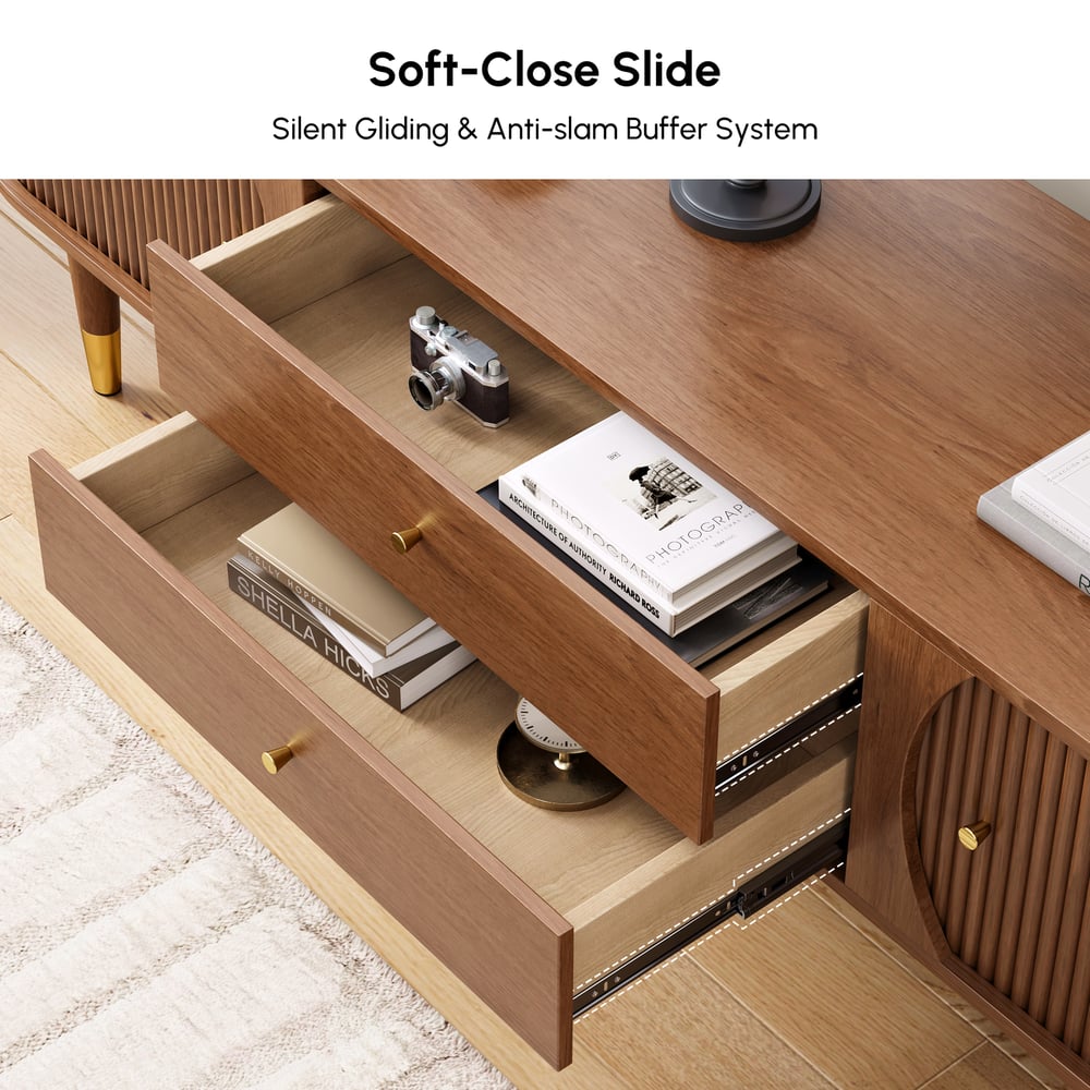 80" Ash Wood Fluted Walnut TV Stand with Storage window image