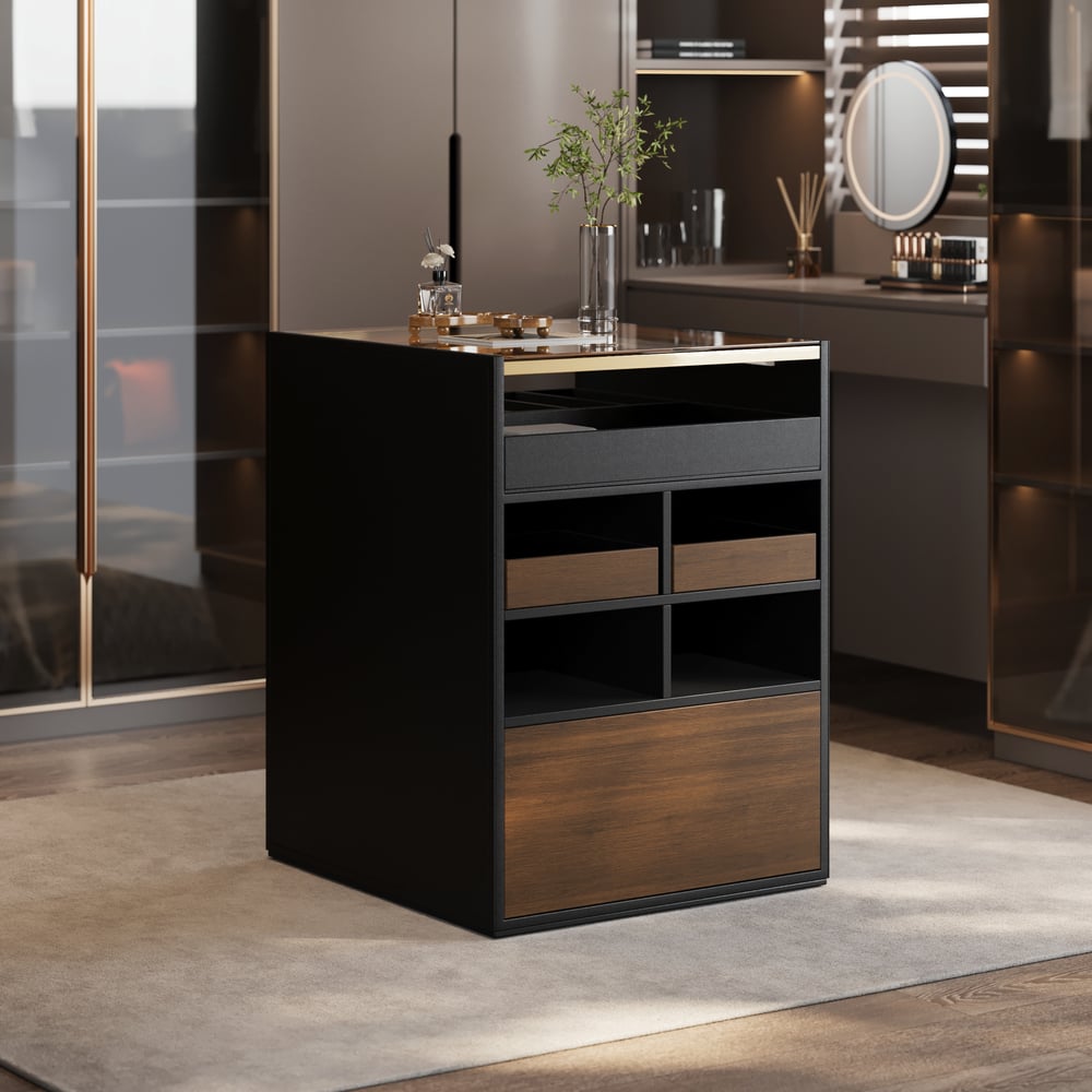 Saddle Leather 7-Dresser Walk-In Closet Island with Light & Jewelry Display window image