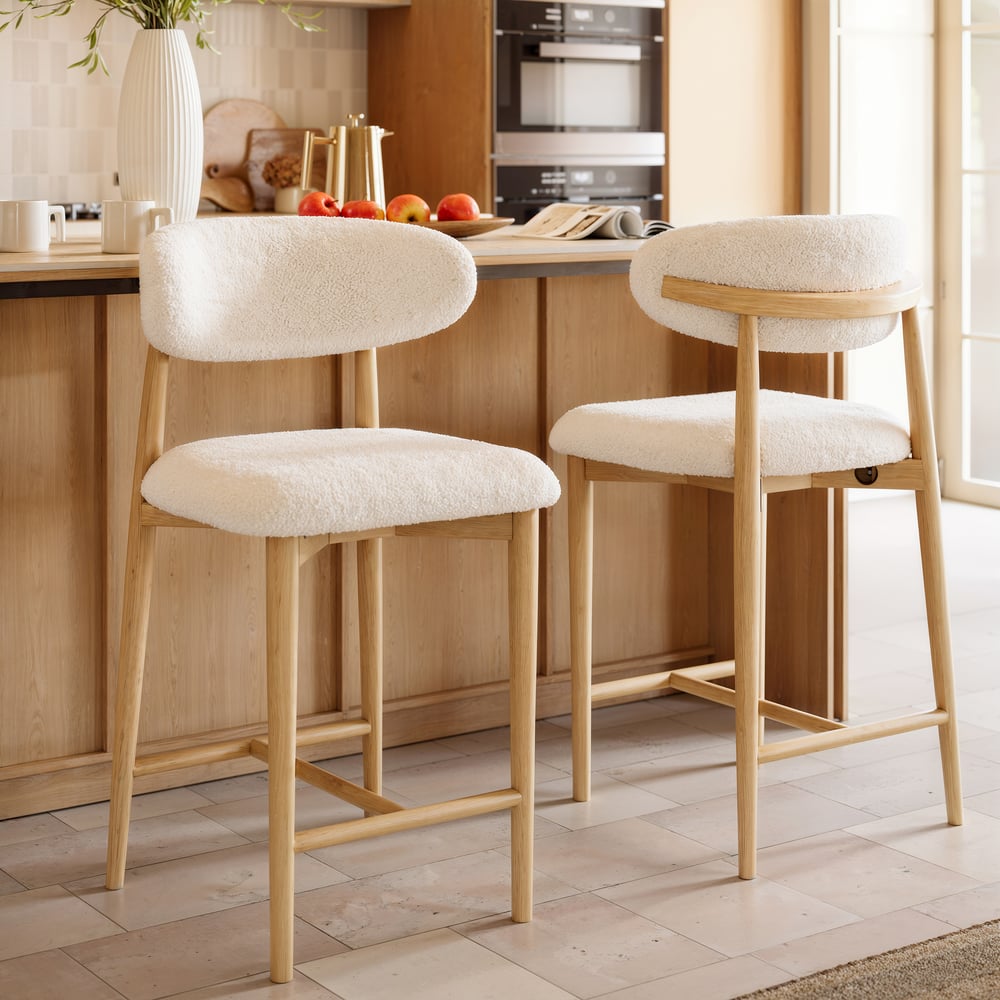 Modern Warm White Boucle Counter Stool with Natural Rubber Wood Legs, 1 Piece window image