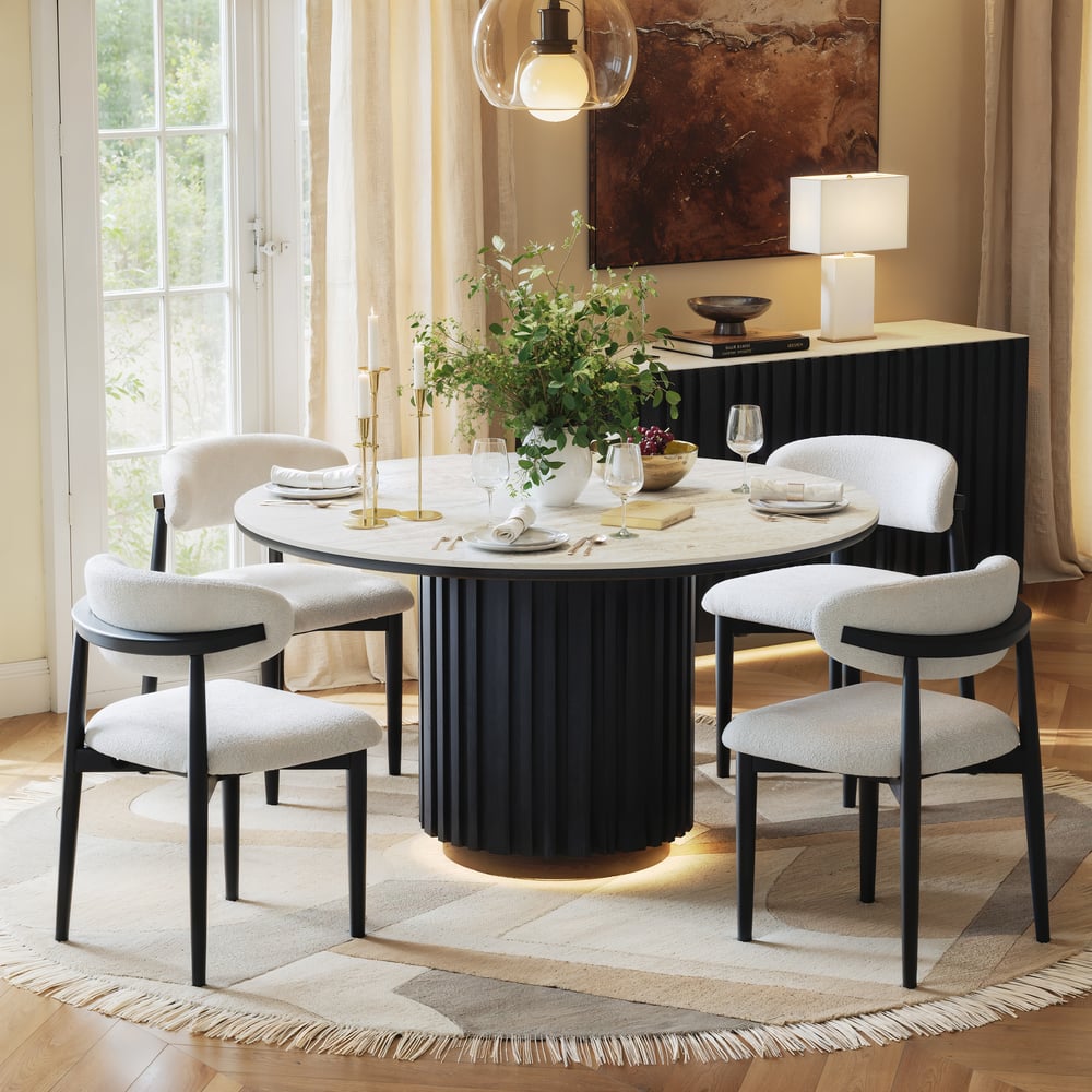 Aura 47" Round Black Faux Travertine Sintered Stone Dining Table, Fluted Base, Seats 4 window image