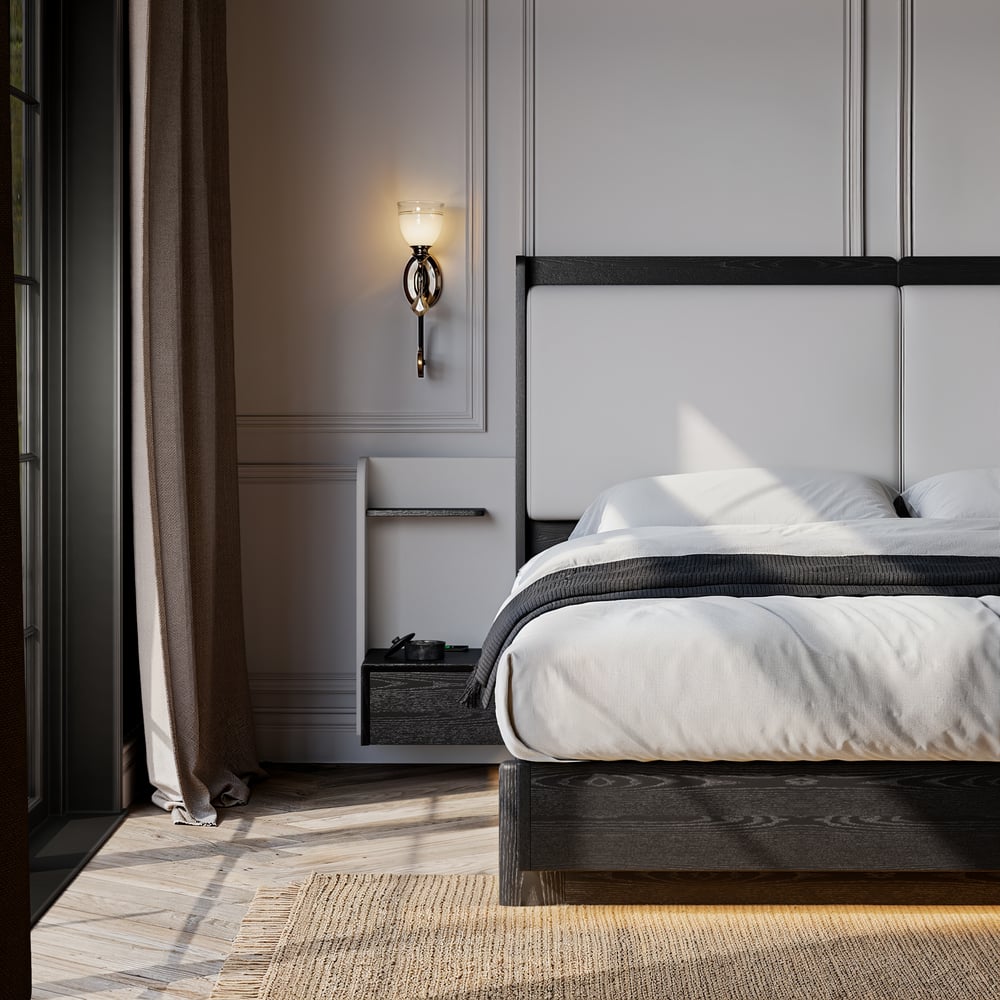 King Solid Wood Bed with Leather Extended Headboard & Floating Smart Nightstand Set window image