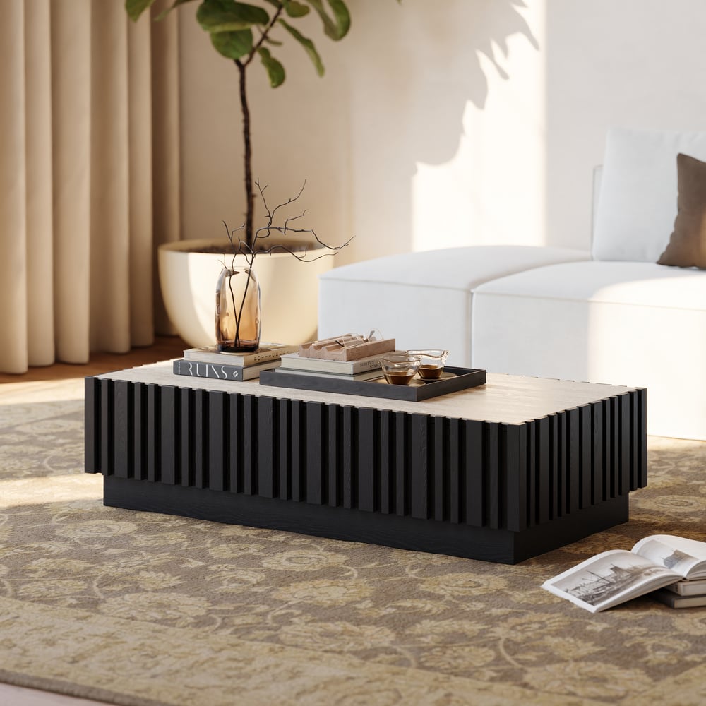 Table basse à lattes Aura 47" en bois de frêne avec plateau en pierre frittée image de fenêtre