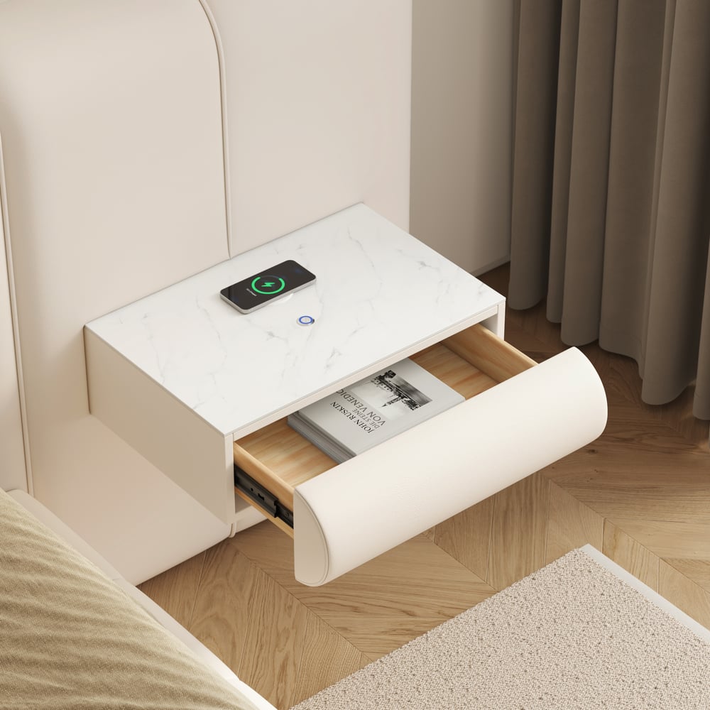 Humply King Size Upholstered Bed with Wide Headboard & Floating Smart Nightstand Set window image
