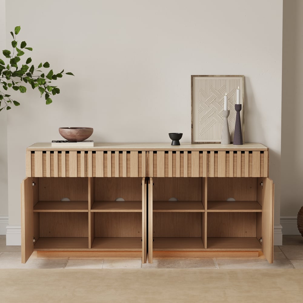Aura 65" Ash Wood Slatted Natural TV Stand with Sintered Stone Top window image