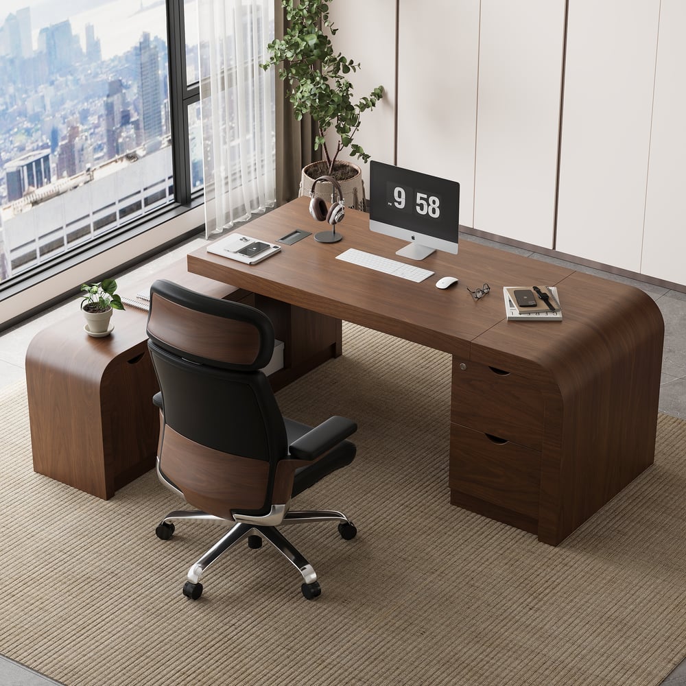 Black Genuine Leather Swivel Office Chair with Ergonomic Synchro-Tilt Recline System window image