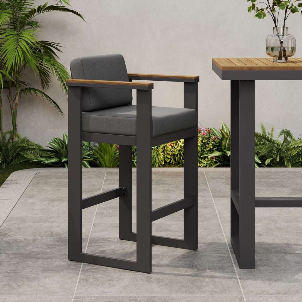 Tevara Outdoor Aluminum Frame & Teak Wood Armrest Bar Stools in Dark Gray, Set of 2 window image