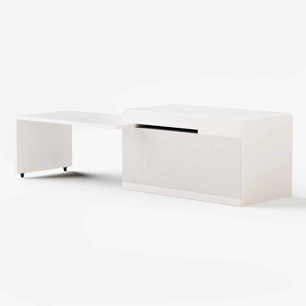 Îlot de cuisine moderne de 81" à 118" en pierre frittée avec tiroirs et portes, blanc image de fenêtre