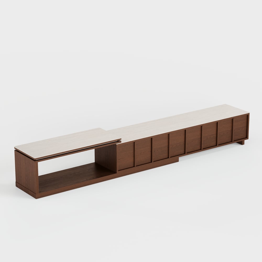71"-108" Extendable Walnut TV Stand with Sintered Stone Top & Cabinets window image