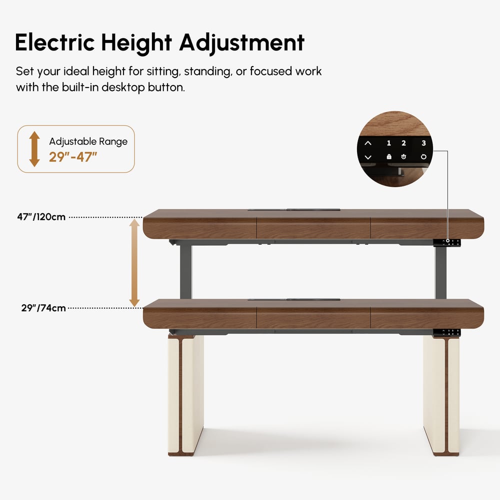 160 cm Height Adjustable Electric Standing Desk with Walnut Top and Leather-Wrapped Legs window image