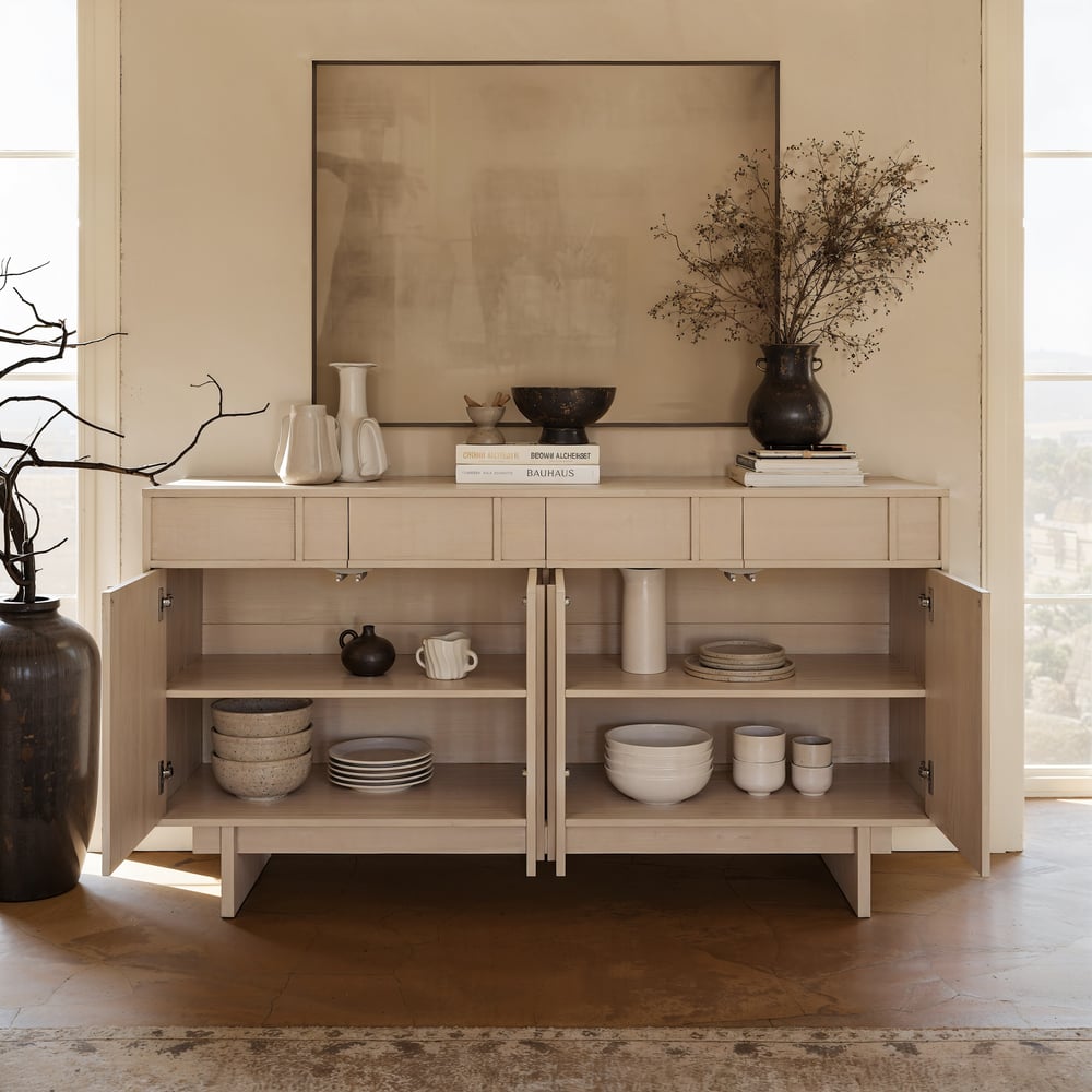 Mid Century Modern 60" Whitewash Wood Sideboard with Storage & Adjustable Shelves window image