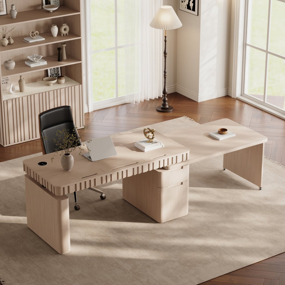 Aura 63" Whitewash Fluted 360-Degree Rotating Desk Electric Adjustable Standing Desk window image