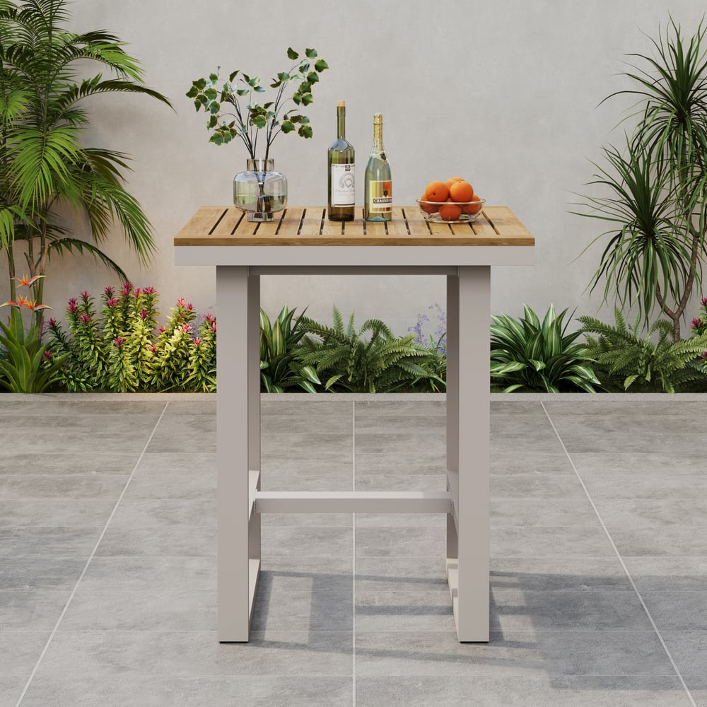 Tevara Outdoor Square Bar Table with Teak Wood Slat Top & Aluminum Frame in Sand window image